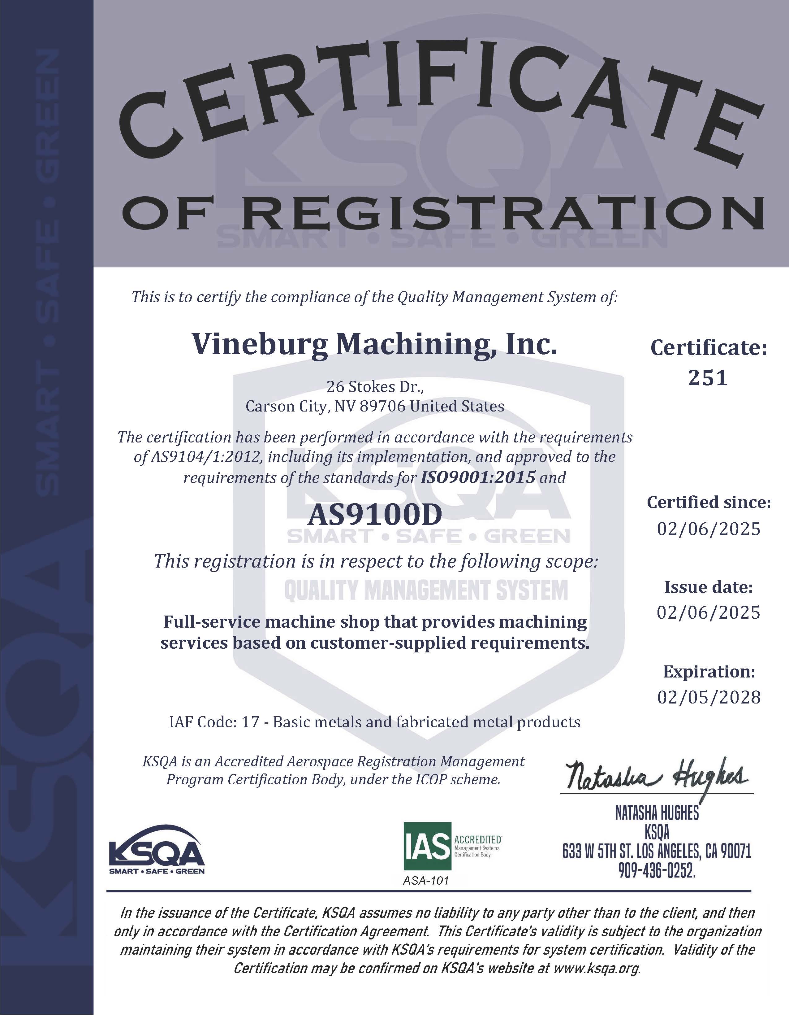 9001ページ License & Certifications AS9100D ISO 9001:2015